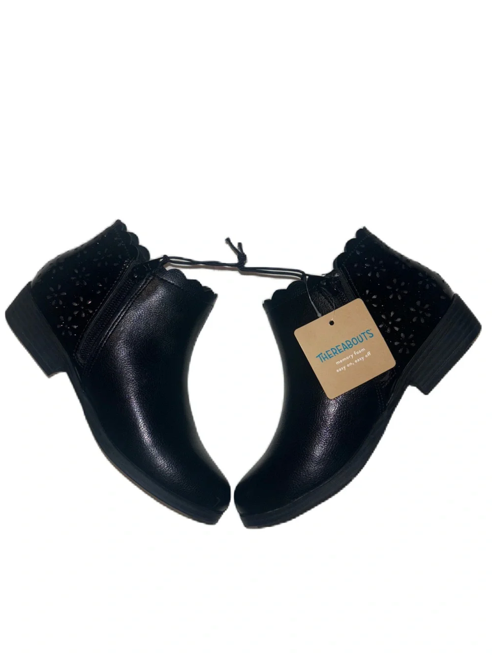 Thereabouts Kids Girls Black Pima Ankle Boots with Scalloped Floral Cut Out